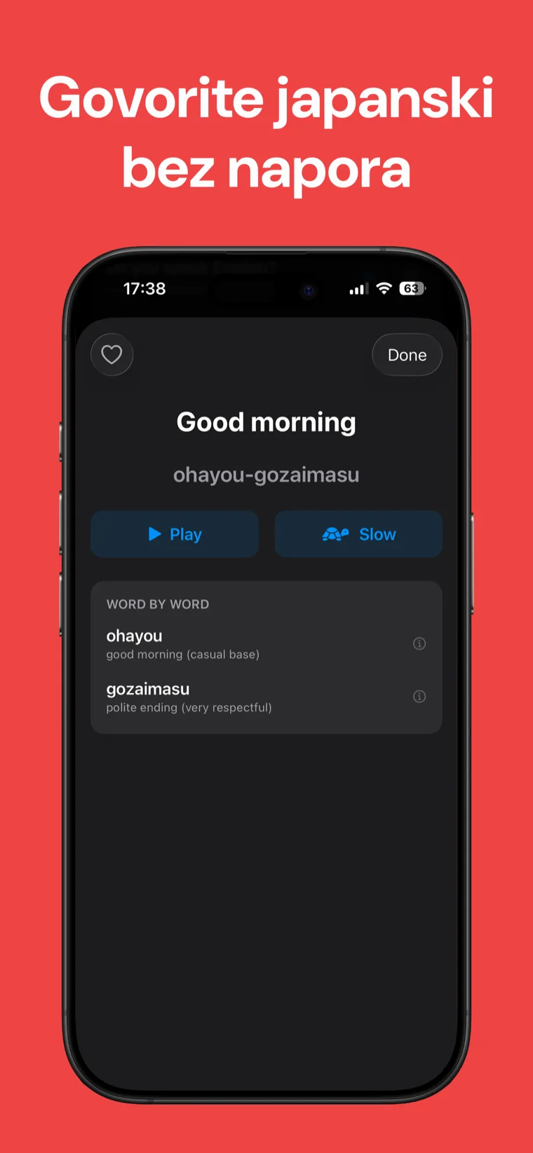 Govorite japanski bez napora — Japanski razgovornik na iPhoneu prikazuje frazu s romaji, gumbima za reprodukciju i usporenje te riječ-po-riječ analizu