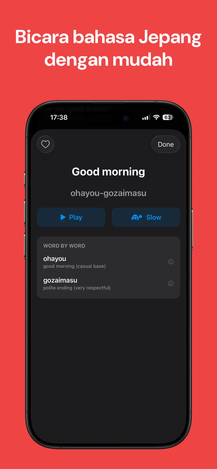 Bicara bahasa Jepang dengan mudah — Percakapan Jepang di iPhone menampilkan frasa dengan romaji, tombol putar dan audio lambat, serta penjelasan kata per kata