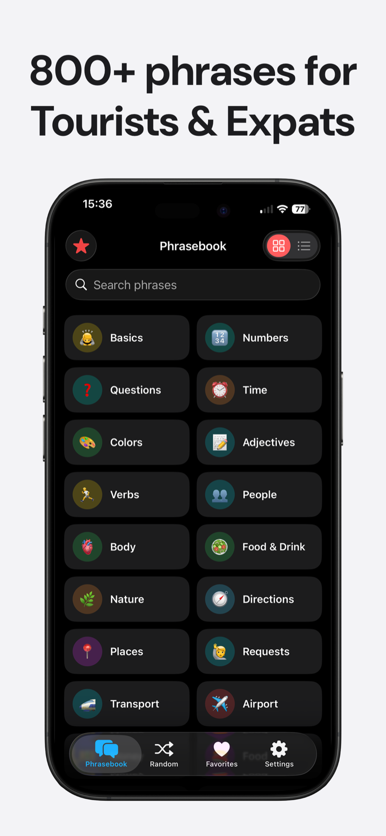 800+ phrases for tourists and expats — Japanese Phrasebook on iPhone showing the searchable category grid with Basics, Numbers, Transport, Airport and more