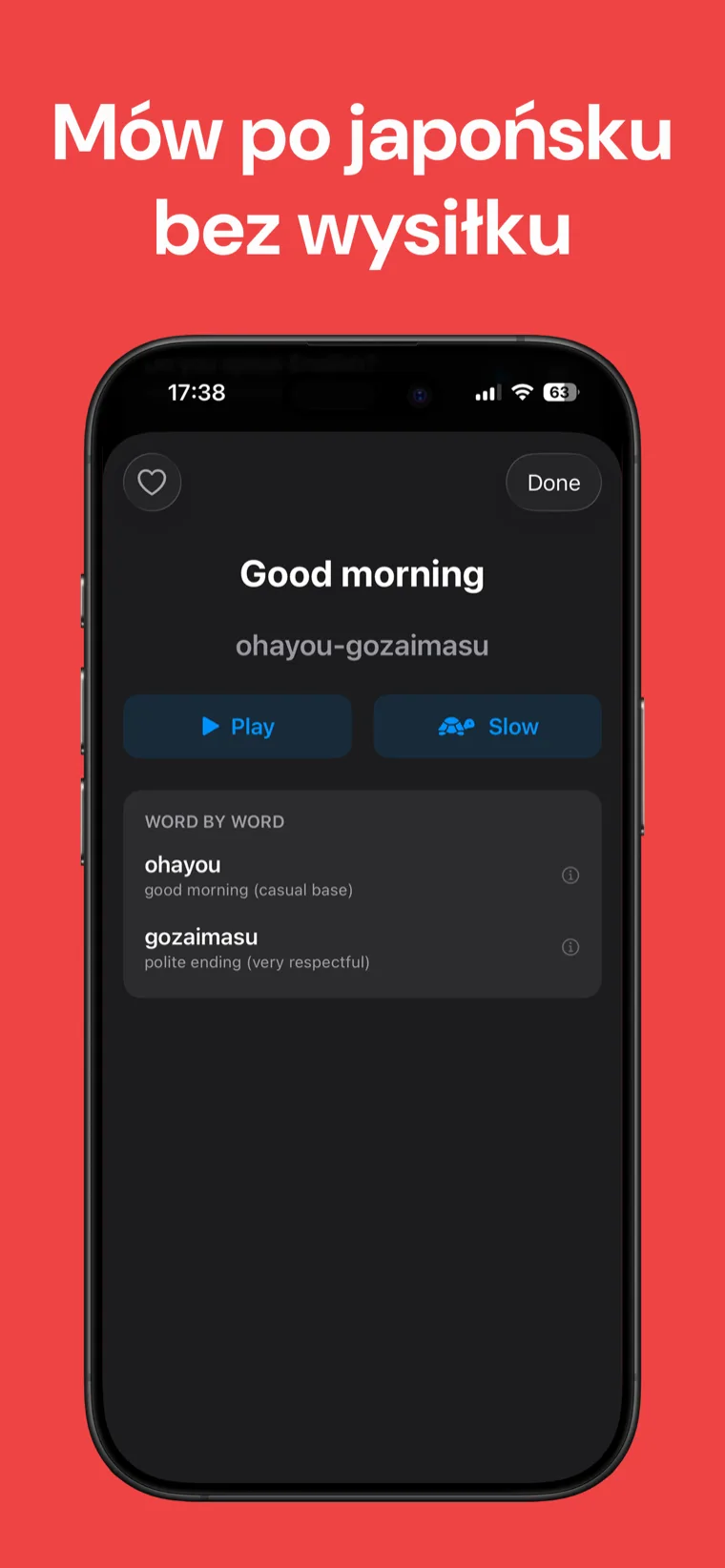 Mów po japońsku bez wysiłku — Japoński Rozmówki na iPhonie pokazujący frazę z romaji, przyciskami odtwarzania i zwolnionego tempa oraz podziałem na słowa